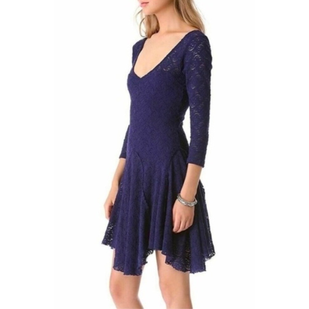 Free People Navy Blue Floral Lace Long Sleeve Open Back Mini Dress Size M